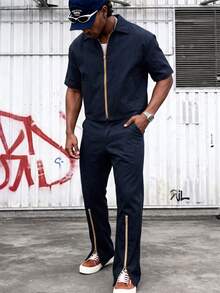 Men's Thin Comfortable Polyester Fabric Short Sleeve & Long Pants Set, Minimalist Streetwear Style, Casual Outdoor Daily Wear - Navy Blue - View 2