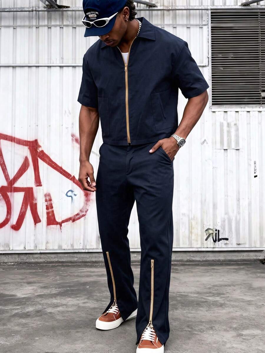 Men's Thin Comfortable Polyester Fabric Short Sleeve & Long Pants Set, Minimalist Streetwear Style, Casual Outdoor Daily Wear