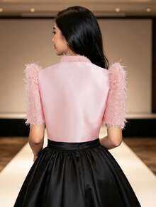 Modern Filipino Style Butterfly Sleeve Elegant Stand Collar Patchwork Minimalist Solid Color Top - Pink - View 2