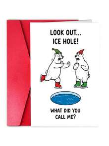 1Pc Fun Christmas Card For Friends And Colleagues - Polar Bear Skating Cartoon Illustration, Holiday Humor, Thick Version, Comes With Envelope - View 1