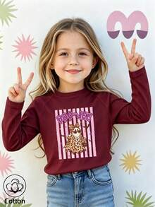 Halloween Girls Cotton Raglan Long Sleeve Tee, Cartoon Leopard Print Top, Cute Sweet Preppy Style - Maroon - View 2