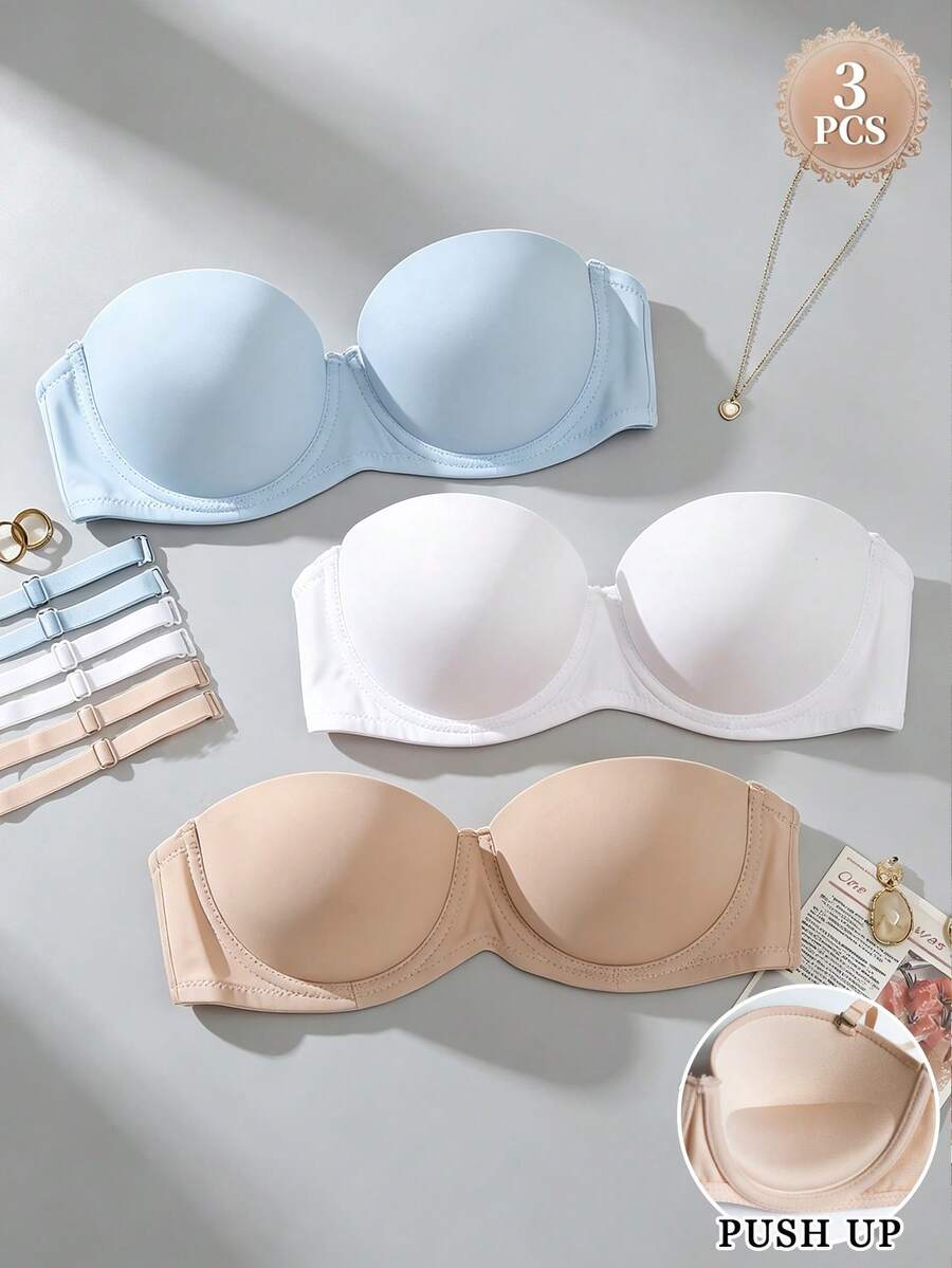 3pcs Solid Color Push Up Bra, Detachable & Convertible Straps, Multi-Way Wear, Suitable For B Cup And Above