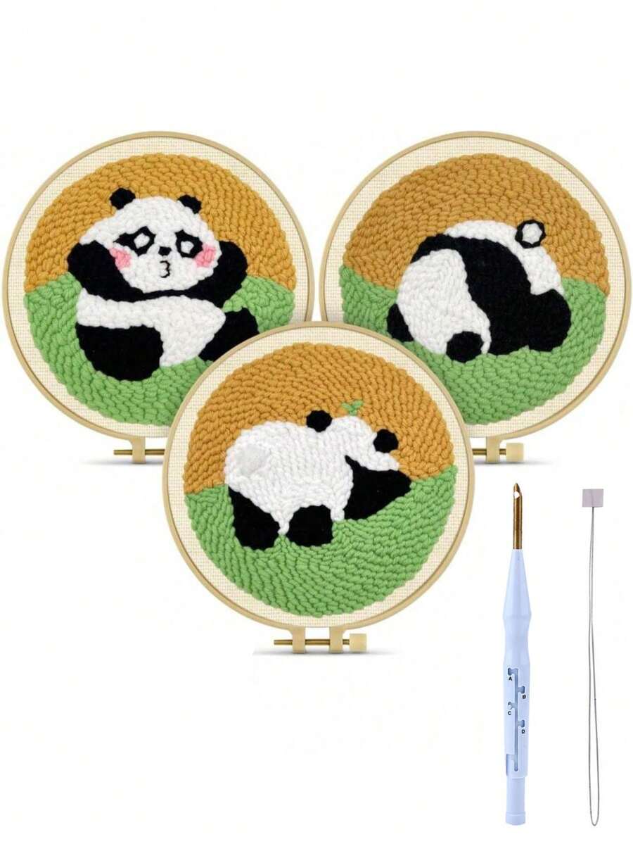 1pc Panda Punch Needle Embroidery Kit, Suitable For Adult Beginners, Includes Punch Needle, Fabric, Embroidery Hoop, Yarn And Sewing Needle, Home Decor Handmade DIY Kit, Perfect For Holiday Gifts - Multiple Styles - View 1