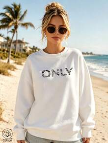 Women's Crew Neck Sweatshirt, Travel Pullover, Cotton Top, Women's Autumn/Winter Basic Sweatshirt - White - View 1