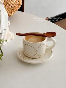 Set Cangkir dan Piring Kopi Keramik Motif Buah Pir Lukis Tangan, Mug Unik untuk Teh Sore di Rumah, Dilengkapi Sendok, Cangkir Susu dan Air, Cangkir Estetik - Putih - View 3