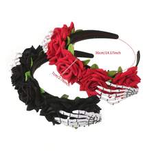 2pcs/1pc Halloween Rose Skeleton Hand Headband, Gothic Black & Red Floral Skeleton Hand Day Of The Dead Women's Party Cosplay Hair Accessory - Multicolor - View 8