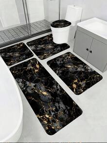 3/5pcs Black & Gold Marble Pattern Modern Luxury Bathroom Rug Set, Soft Absorbent Non-Slip Wear-Resistant Bathroom Accessories, Flannel + Sponge + Polyester Fabric Quick-Dry Carpet, Machine Washable Easy To Clean, Includes Toilet Lid Cover, U-Shaped Toilet Mat And 3 Rectangular Non-Slip Rugs, Lightweight Quick-Dry Bathroom Rug Set, Suitable For Bathroom, Toilet, Laundry Room And Housewarming Gift, Halloween Gift, Autumn Gift - Black - View 2