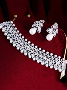 1 Set Luxurious Silver Plated Cubic Zirconia Wide Choker Pearl Necklace And Earrings Wedding Brides Jewelry Set For Women Banquet Party Anniversary Gift - White - View 10