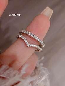 2pcs Women's Ring Set, Silver Metal Gorgeous Rings With CZ Asymmetrical Shape, Wedding Party Ball Outfit - Multicolor - View 1
