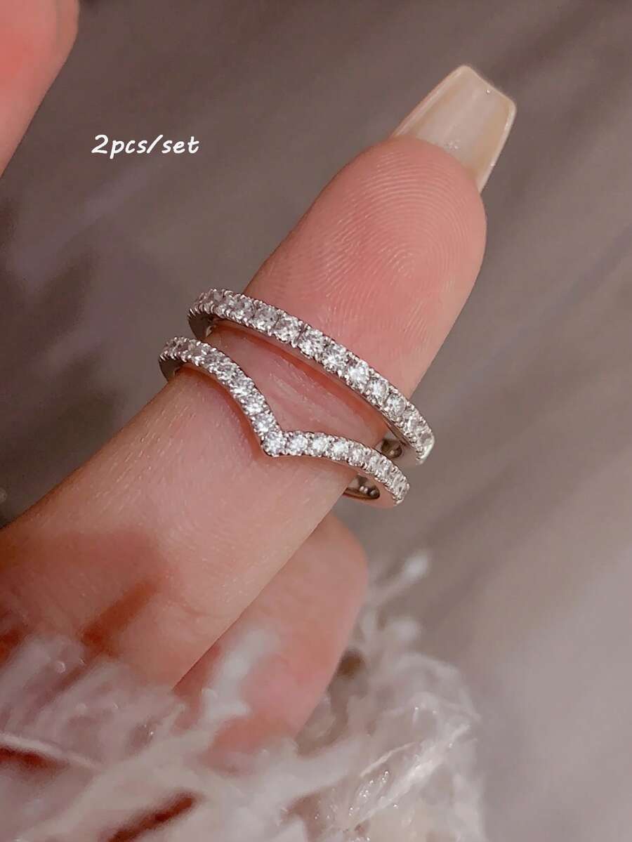 2pcs Women's Ring Set, Silver Metal Gorgeous Rings With CZ Asymmetrical Shape, Wedding Party Ball Outfit - Multicolor - View 1