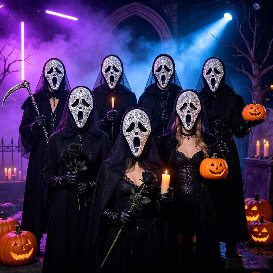 Halloween With Diamond-Encrusted Ghost Face Mask, COS Costume For Halloween Party, Suitable For Halloween Disguise As A Skeleton, Funny And Scary. - Multicolor - View 1