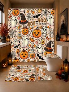 4-Piece Kids' American Cartoon Halloween Bathroom Set, Waterproof, Moisture-Proof, Mildew-Resistant, Semi-Transparent Shower Curtain With Cute Ghost, Pumpkin, Witch Hat, Mummy And Candy Patterns, U-Shaped Non-Slip Bath Mat, Toilet Mat, Home Bathroom Decor - A - View 6