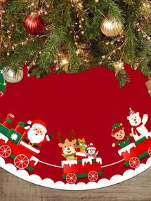1/100Pcs Christmas Tree Skirt With Christmas Train And Santa Claus Theme, Round Base, Diameter 60/90CM Optional; Suitable For Winter Party And Home Holiday Decoration, Ideal Christmas Tree Accessory. - Multicolor - View 1