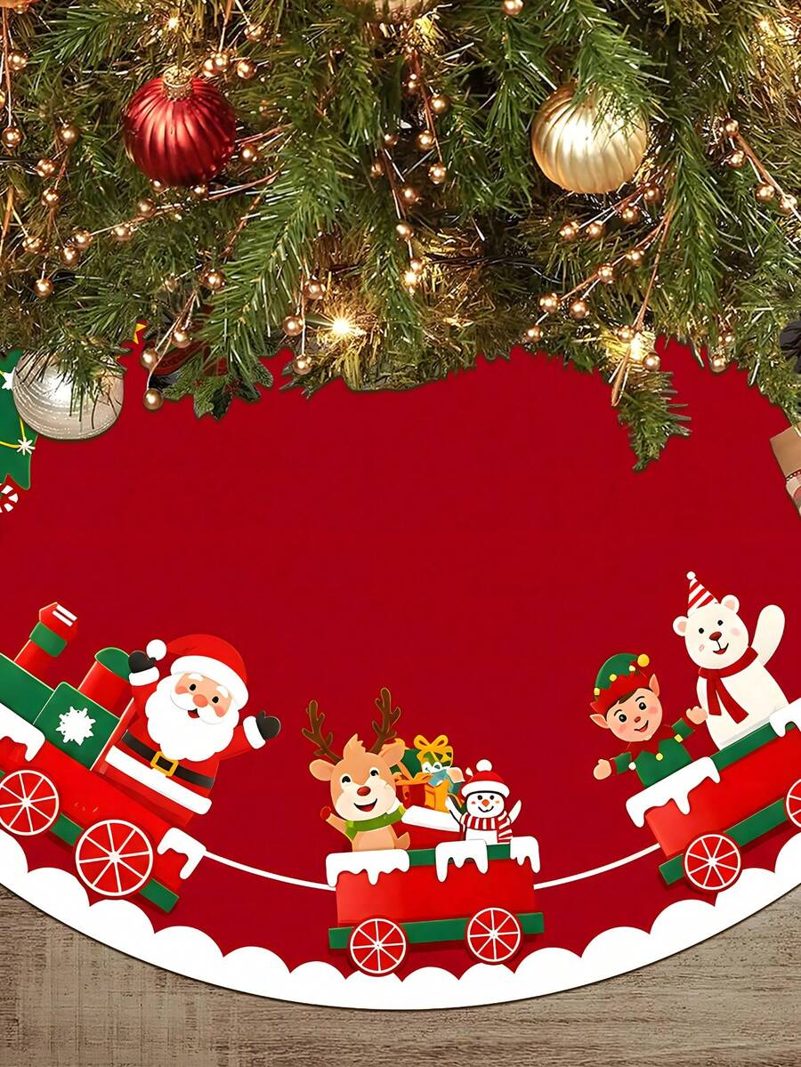 1/100Pcs Christmas Tree Skirt With Christmas Train And Santa Claus Theme, Round Base, Diameter 60/90CM Optional; Suitable For Winter Party And Home Holiday Decoration, Ideal Christmas Tree Accessory. - Multicolor - View 1