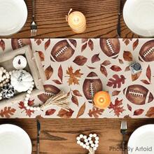 1pc Autumn Watercolor Football & Maple Leaf Print Table Runner - Polyester Stiff Fabric, Rectangular, Ideal For Holiday Dining And Outdoor Parties, Suitable For Home Dining Room, Restaurant, Kitchen Supplies, Party Table Decor - Brown - View 4