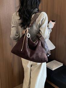 1件女款秋冬新款半月形手提包，時尚極簡麂皮布料包，適合約會禮物、通勤、購物 - 咖啡棕 - 查看 6