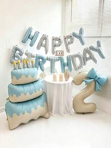 16件組生日氣球套裝，16英吋生日快樂字母氣球、60英吋立式蛋糕鋁箔氣球、40英吋奶油色0-9數字鋁箔氣球、藍色蝴蝶結氣球，適用於生日派對、嬰兒洗禮裝飾 - 淺藍色 - 查看 1