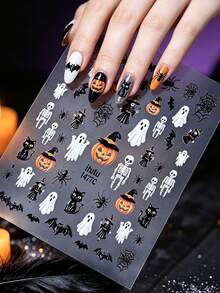 Halloween 3D Embossed Nail Stickers, Pumpkin Ghost Skeleton Witch Bat Spider Web Adhesive Nail Decals, DIY Nail Art Accessories - Multicolor - View 3