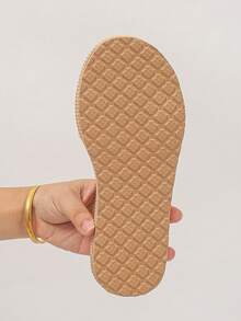 Women's Gold Buckle Woven Embossed Comfortable Lightweight Round Toe Single Strap Beige Flat Slippers Vacation Style Summer Daily Beach Flat Sandals Plus Size - Beige - View 8