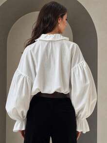 Autumn Fashion Retro Textured Women's Blouse, Deep V-Neck, Flowy Bell Sleeves, Elegant Autumn Fashion Women's Top White - White - View 4