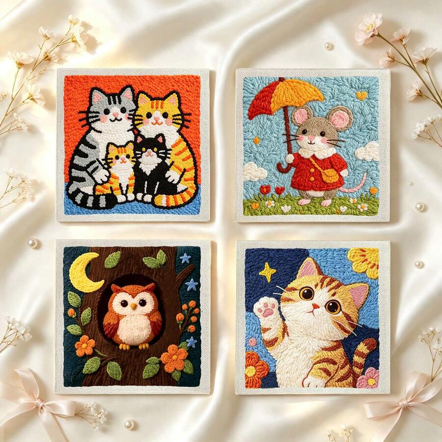 DIY Punch Needle Kit For Beginners – Includes Punch Needle, Yarn, Instructions, Square Hoop & Pre-Printed Fabric (Beautiful Animals). Creative Craft For Wall Decor Or Gifting. 2D Printed Punch Needle Starter Kit. 24x24cm (9.44x9.44in).