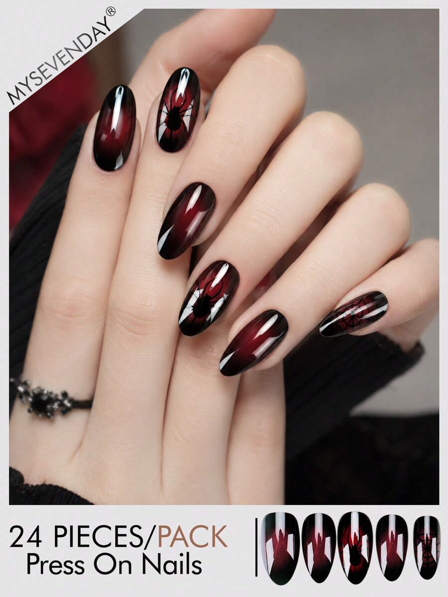 24pieces Press On Nails,Halloween Short Almond Gothic Style Fake Nails,Spider And Cobweb Print Press-On Nails,Nail Supplies,Come With Jelly Glue And Nail File For Holiday Events And Daily Use - Multicolor - View 1