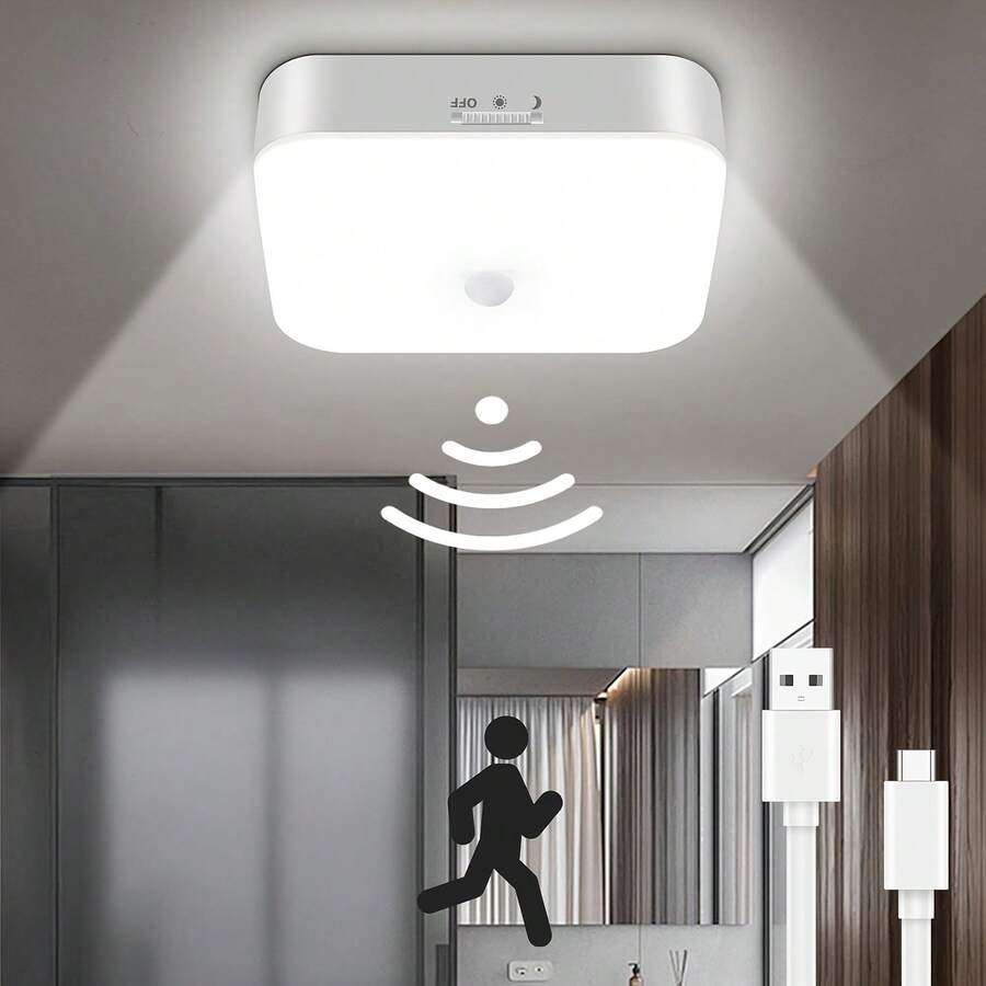 1件/2件裝 可充電式感應天花板燈，10000mAh USB充電，500LM高亮度LED，支援白天/夜晚/關閉模式，適用於走廊、衣櫥、樓梯間與臥室的無線燈