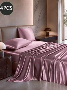 4-Piece Light Pink Premium Solid Color Silky Satin Bedding Set, Includes 1 Fitted Sheet, 1 Flat Sheet And 2 Pillowcases (Pillow Inserts Not Included). Luxury Satin Bedding Set, Available Sizes: Extra Large, Large, Standard Double, Single. Fitted Sheet Depth Up To 11.8 Inches. Satin Pillowcases Are Soft And Breathable, Wrinkle-Resistant - Dusty Pink - View 2