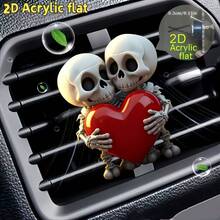 2D Flat 1pc Couple Skull & Heart Pattern Car Air Vent Clip Decor, Acrylic Cartoon Ornament With DIY Scent Addition, Car Interior Accessory, Holiday Gift - A - View 1