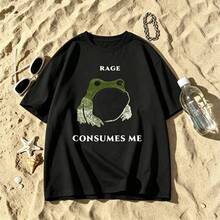 Men's "La Ira Me Consumes" Vintage Graphic T-Shirt Short Sleeve Cotton Frog Print Men's Clothing - 黑色 - 查看 1