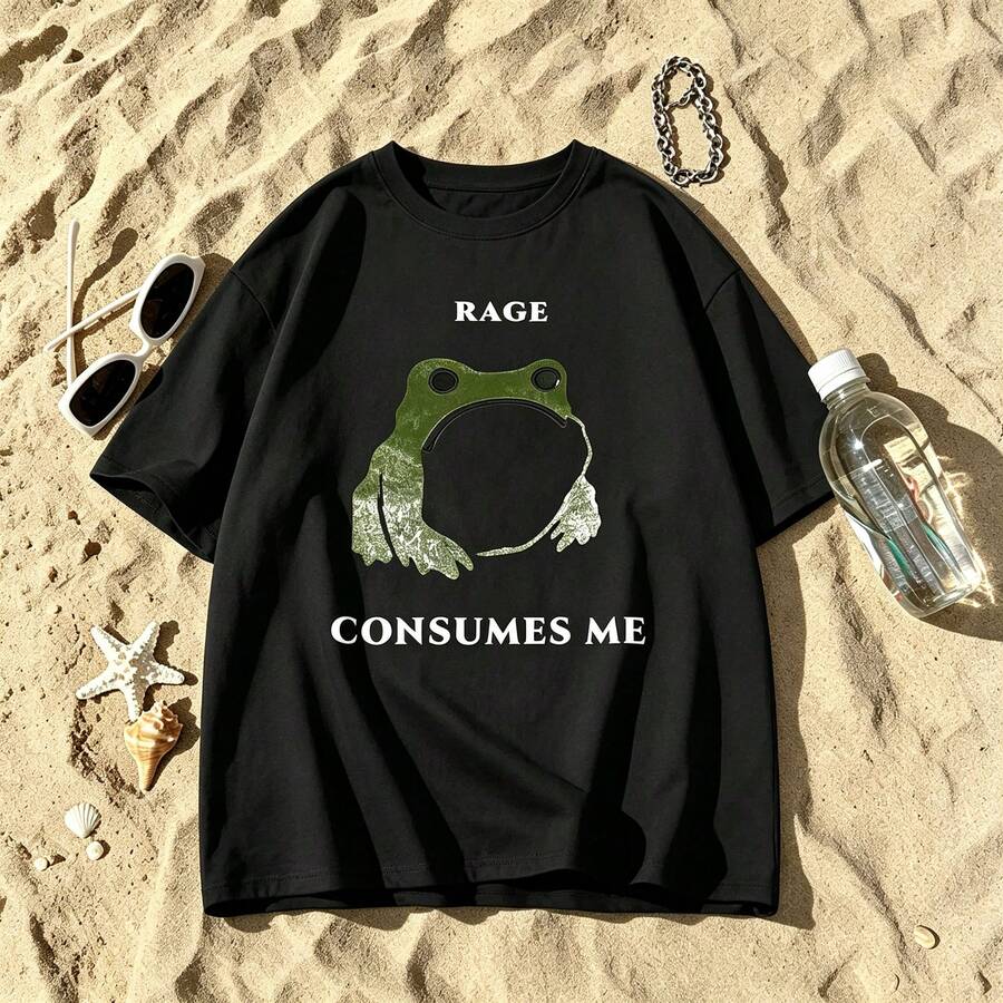 Men's "La Ira Me Consumes" Vintage Graphic T-Shirt Short Sleeve Cotton Frog Print Men's Clothing - 黑色 - 查看 1