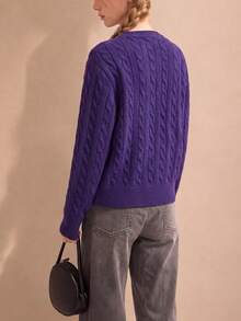 Vintage Preppy Style Women's Pullover Knit Sweater, Long Sleeve Regular Fit Knit Top, Slightly Elastic - Purple - View 2