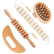 Natural Wooden 4-Piece Massage Tool Set – Crescent Moon Massage Board, 9-Roller Tool, Air Cushion Comb And Large Back Roller - View 2