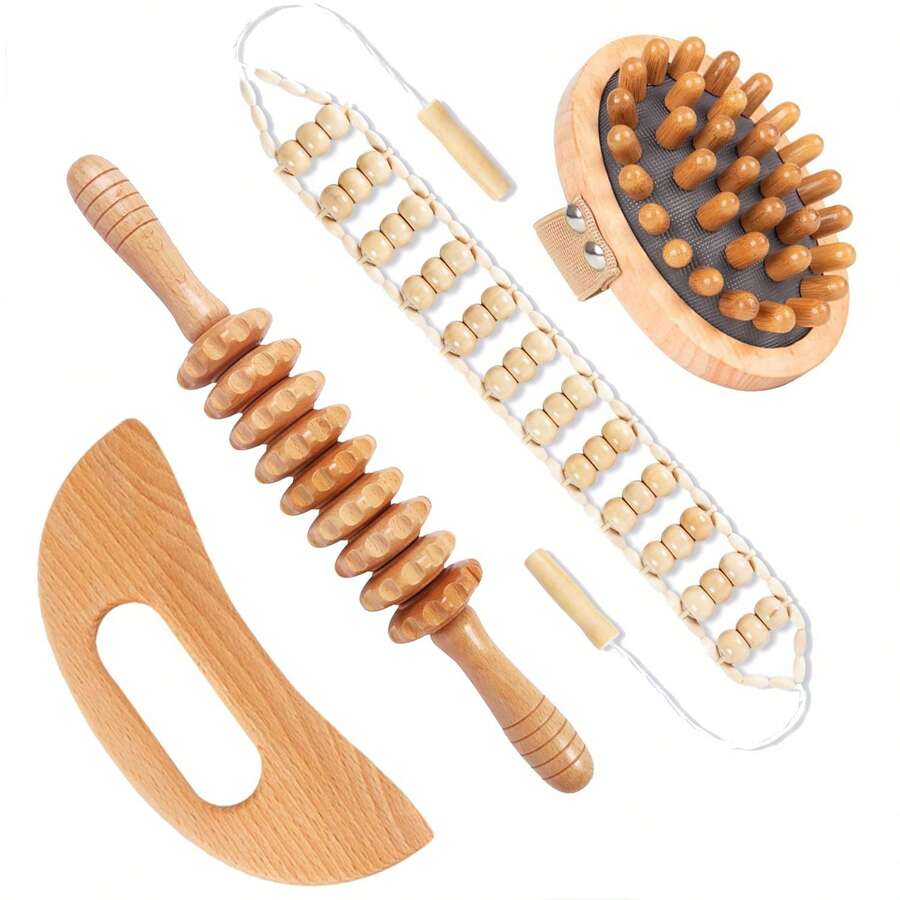 Natural Wooden 4-Piece Massage Tool Set – Crescent Moon Massage Board, 9-Roller Tool, Air Cushion Comb And Large Back Roller