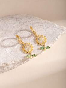 Multi-Style Sunflower Zirconia Ear Drops, Shiny Sunflower Ear Clips, Niche Luxury Floral Earrings For Women's Daily Wear Accessories - Sunflower Hoop Earrings - View 9
