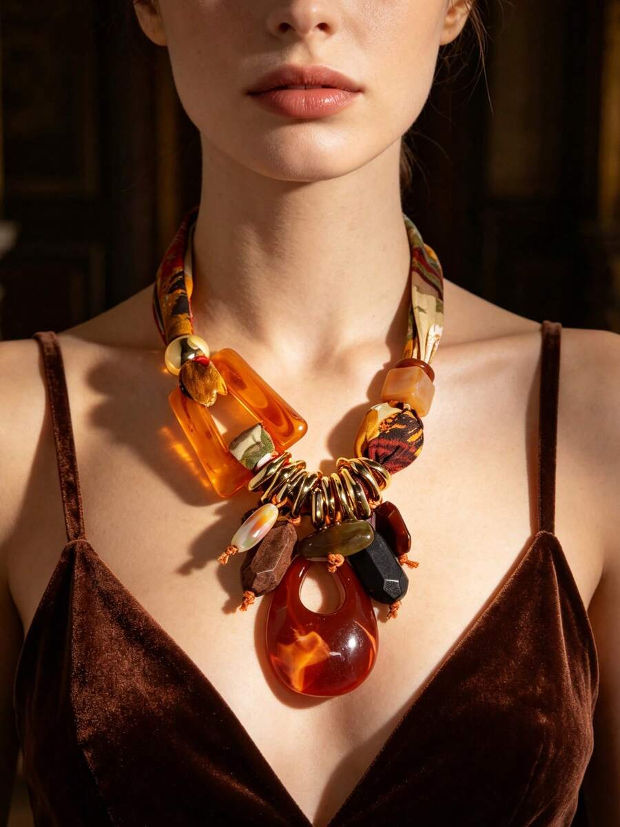1pc Vintage Fabric & Resin CCB Color Block Pendant Necklace For Women, Suitable For Banquet & Daily Wear - X-1309 - View 1