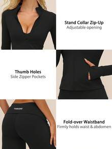 TimeOff Setelan Satu Set Wanita Musim Gugur/Dingin: Jaket Kerah Tegak Warna Polos dengan Resleting, Kantong Samping, Lubang Jempol, dan Kantong Dalam, Celana Panjang Lebar dengan Pinggang Lipat - Hitam - View 4
