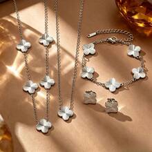 Silver Textured Four-Leaf Clover 4pcs Set Stainless Steel Necklace Bracelet Earrings Luxury Lucky Clover Women's Jewelry Suitable For Holiday And Daily Wear - Silver - View 6
