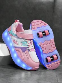 BLSART 1 Pair Girls PU Hook & Loop Lace-Up Design Breathable Fabric LED Light Thick Sole Low-Top Colorblock Patchwork Cute Roller Skate Shoes Detachable Dual-Use Kids Sports Shoes Suitable For Spring Summer Autumn - Pink - View 1