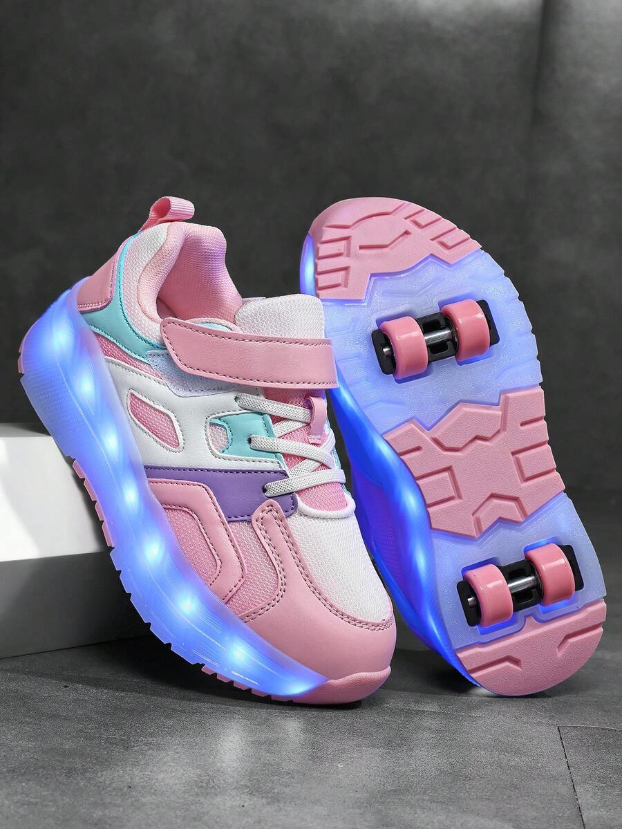 BLSART 1 Pair Girls PU Hook & Loop Lace-Up Design Breathable Fabric LED Light Thick Sole Low-Top Colorblock Patchwork Cute Roller Skate Shoes Detachable Dual-Use Kids Sports Shoes Suitable For Spring Summer Autumn - Pink - View 1