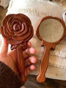 1pc Vintage Wooden Comb With 3D Carved Design + Handheld Makeup Mirror, Air Cushion Design, Comfortable Scalp Massage, Smooth Hair Styling, Dual Use For Home And Travel, Household Essential, Gift For Friends And Family - Brown - View 3