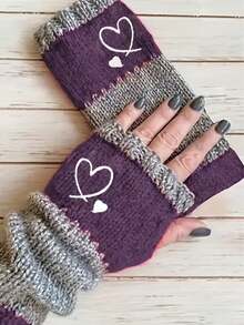 Autumn/Winter Colorblock Knit Fingerless Wrist Warmers With Cute Heart Print, Elastic Warm Gloves For Women, Daily Use - Multicolor - View 5