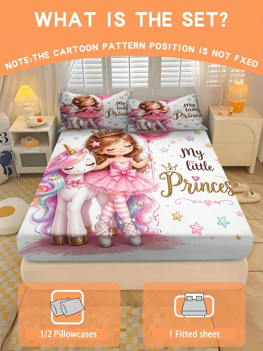 Set Sprei Putri Balet Unicorn Kartun 2/3 pcs, Lembut dan Bernapas, Cocok untuk Semua Musim, Ukuran Twin/Full/Queen, 100% Poliester, Dapat Dicuci dengan Mesin - MultiWarna - View 1