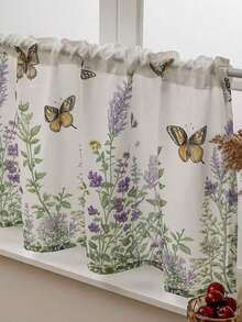 1pc Pastoral Style Butterfly & Floral Print Cafe Short Curtain, Decorative Window Valance For Kitchen, Bedroom - Multicolor - View 11