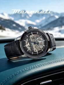 Maserati Men Automatic Watch Rose Gold Case Navy Blue Crocodile Texture Leather Band Hollow Skeleton Dial Luxury Business Wristwatch R8821119005 - WATCH - View 9