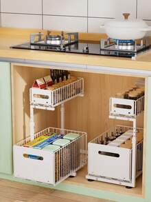 Under Sink Organizer With Pull Out Baskets ,2 Tier Sliding Cabinet Storage Drawer, Adjustable Height Kitchen Cabinet Organizer For Kitchen Pantry Bathroom Counter, Kitchen Cabinet Organizer,Pantry Storage Drawer, Under Sink Storage Rack - Multicolor - View 5