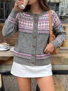 Women's Fall Winter Grey Fair Isle Knit Cardigan, Round Neck Single Breasted Long Sleeve, Retro Geometric Pattern Cropped Sweater Coat For Daily Wear - Grey - View 10
