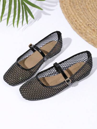 JiaYunNvXie New Women's Mary Jane Flat Mesh Shoes With Rhinestones, Breathable And Non-Stuffy Ballet Flats For Summer