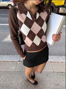 SEREN Women's New Diamond-Pattern Polo Collar Sweater, Vintage Intellectual Style Long-Sleeve Knit Top, Suitable For Autumn And Winter,Button - Coffee - View 2