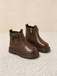 1 Pair Brown Short Boots, Solid Color Soft Bow Decor, Round Toe Soft Sole Inner Zipper Design, Fashion Classic Boots, Suitable For Daily Wear, School, Holiday, Party, Autumn/Winter New - Brown - View 2